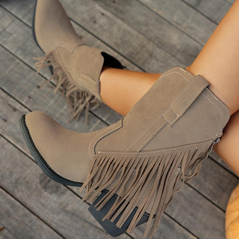 Fashion Women Ankle Boots Fashion Slip-on Wedge Shoes Female Pointed Toe Western Boots Women New Tassel Chunky Heels Shoes for Women