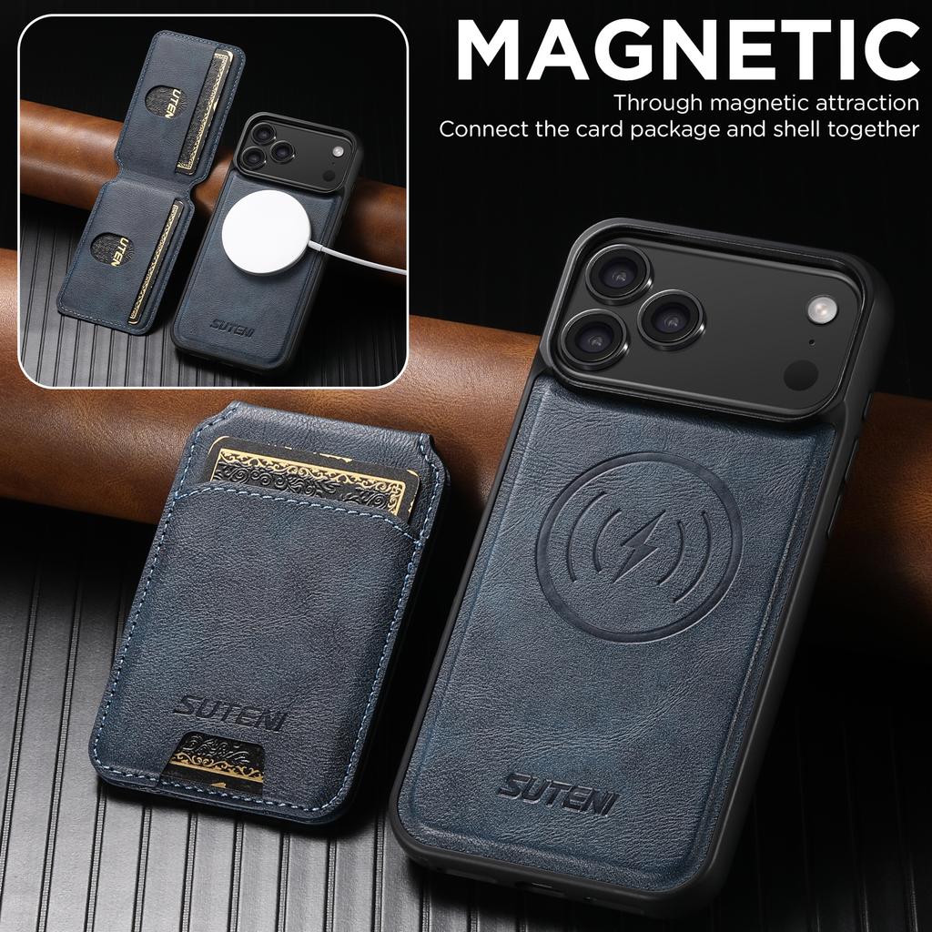 SUTENI Wireless Charging Magnet Faux Leather Phone Case Card Holder Stand Wallet 2-in-1 for IPhone 18 Pro Max 17 16 15 14 13 12