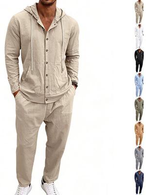 Men's Multi-color Linen Hoodie & Straight-Leg Pants Casual Set
