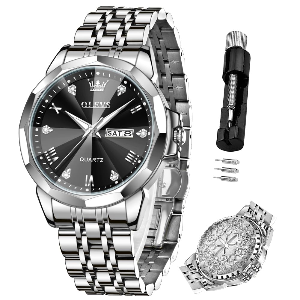 OLEVS Men's Quartz Fragrance Watch, Stainless Steel, Waterproof, Date Display, Calendar, Luminous, Popular, Stylish, Brand Name, Black