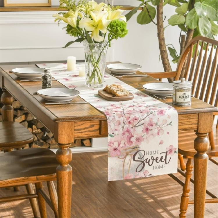 Dining Room Linen Table Runner with Flower Pattern Kitchen Table Ornament Tablecloth Decoration for Holiday Festivities