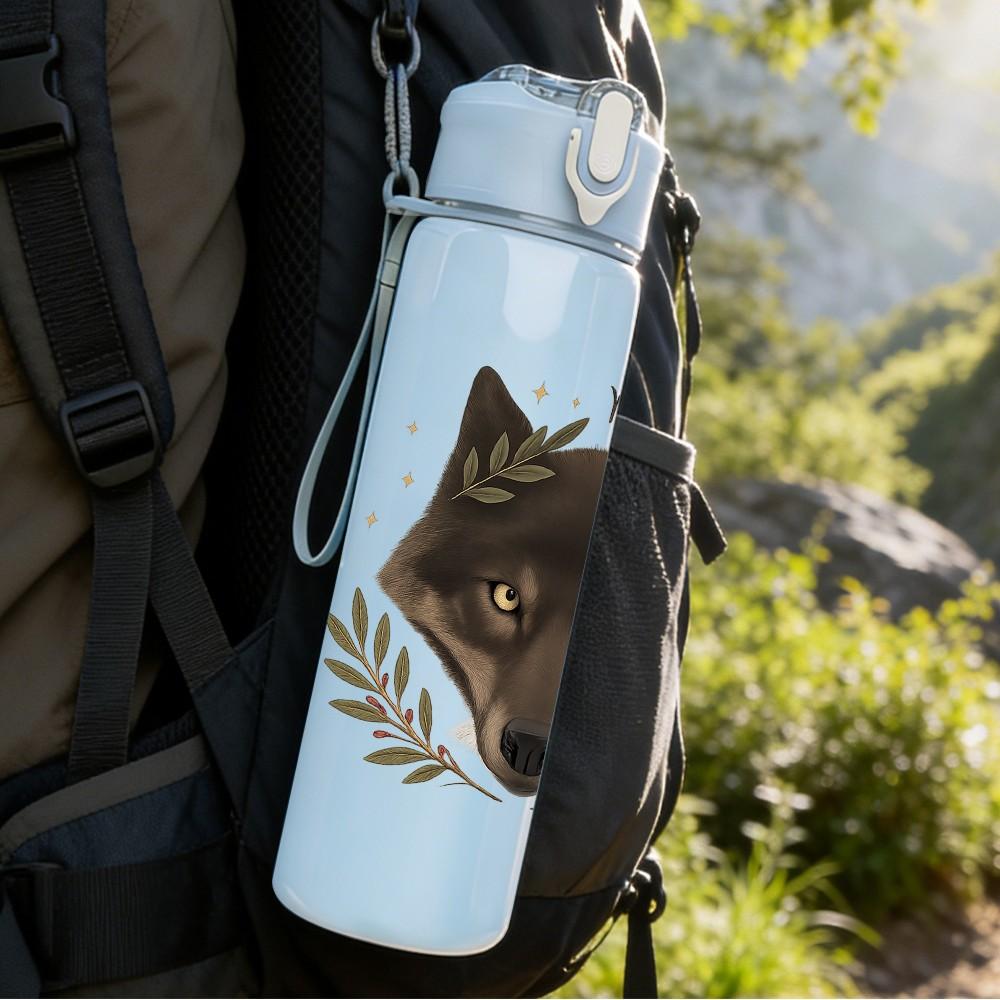 1PC Dark Wolf Head Wreath 750ml Color Plastic Sports Water Bottle Leakproof Flip Straw Lid Suitable for Sports Office Home Use