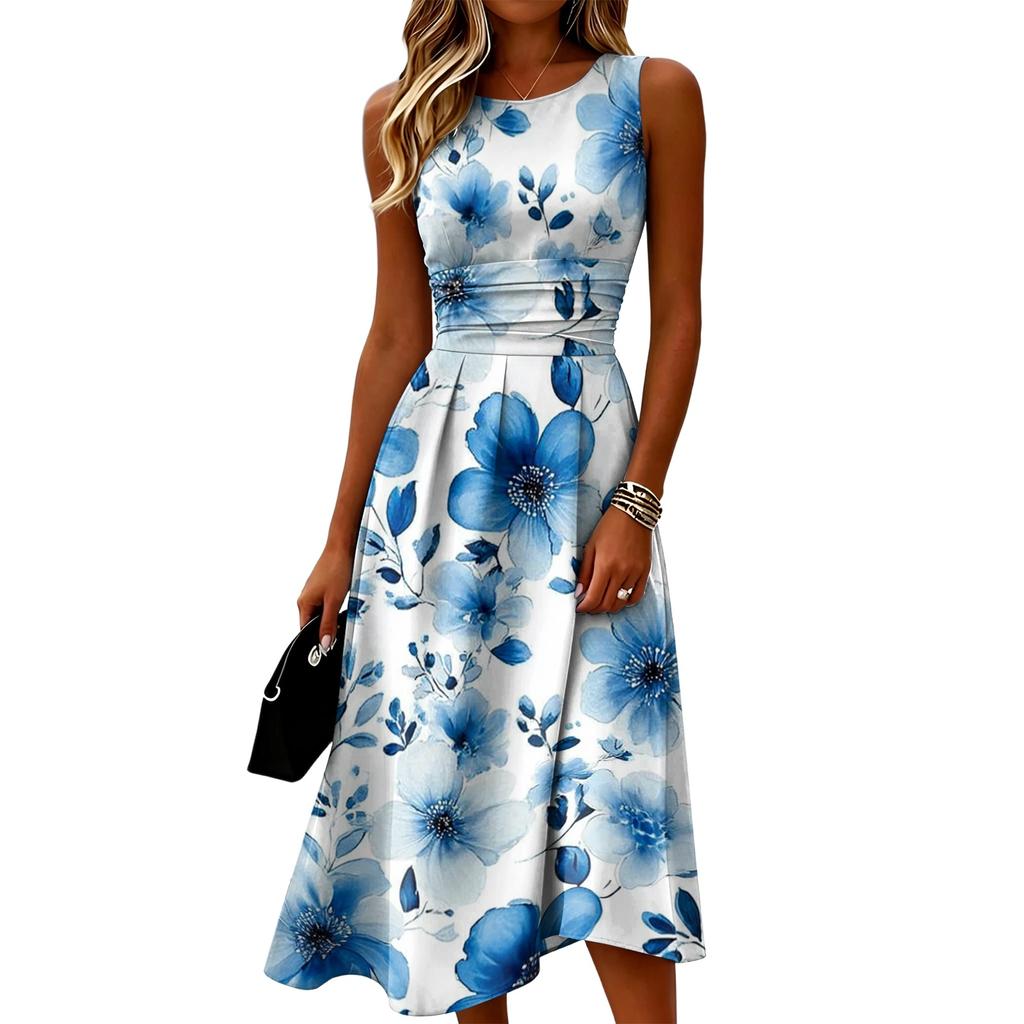 Women Sleeveless Round Neck Casual Dress Floral Print A Line Midi Dress Soft Fabric Comfortable Fit Elegant Style for Daily Wear