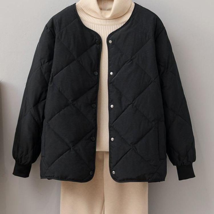Winter Light Loose Women Down Jacket Rhombus Grid Collarless Round Neck Cotton Padded Small Coat