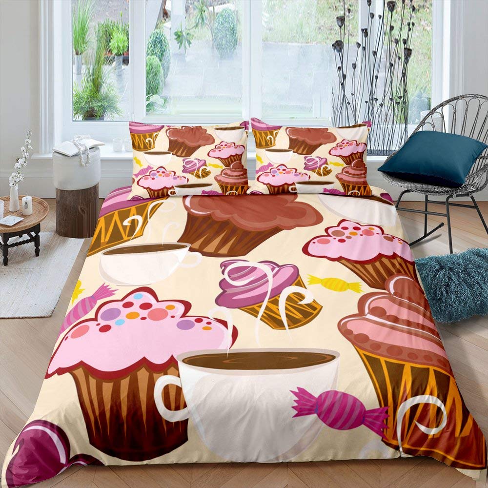 Coffee Cake King Queen Duvet Cover Lovely Afternoon Tea Drawing Bedding Set For Adult Western Drink 2/3pcs Polyester Quilt Cover