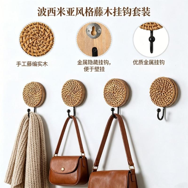 Decorative Wall Hangers, Set of 2 with Round Textured Faces, Solid Wood Bases and Black Metal Arms for Towels, Robes, Bags, Hats and Keys