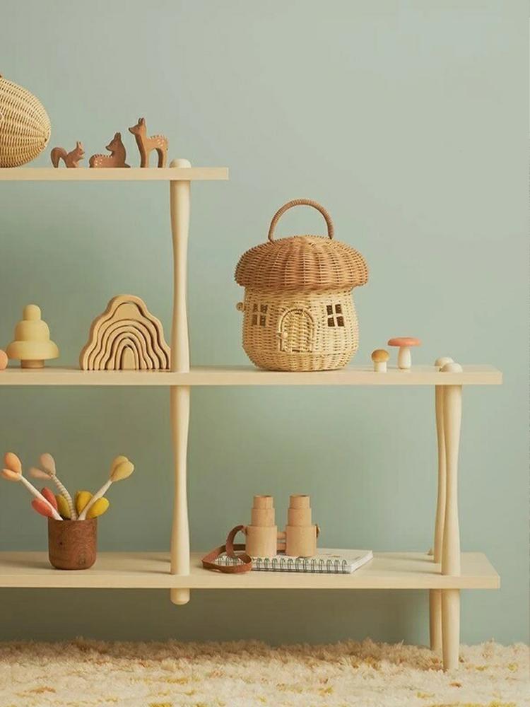 Woven Handle Basket with Lid Mushroom Rattan Storage Basket Decorative Hand Woven Cute Artwork for Parties Shopping