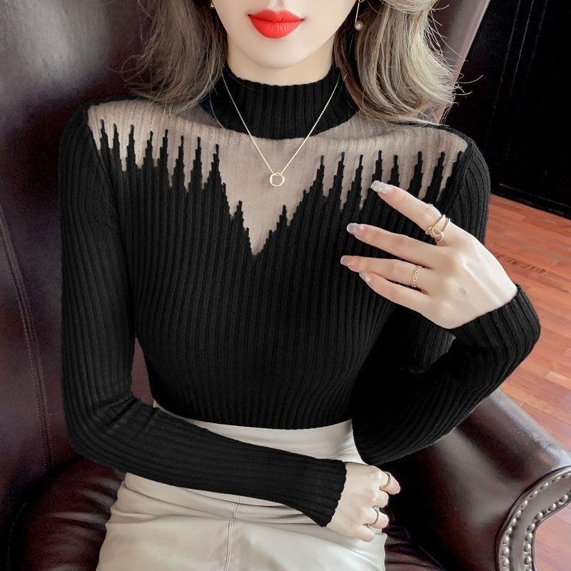 2024 Autumn/Winter Slim-Fit Knitted Pullover - Openwork Design Long Sleeve Base Layer Sweater