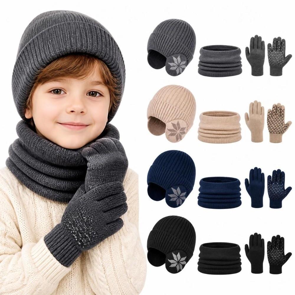 3Pcs Set Warm Kids Beanie Caps Ear Protection Fleece Lined Winter Accessories Set  Children