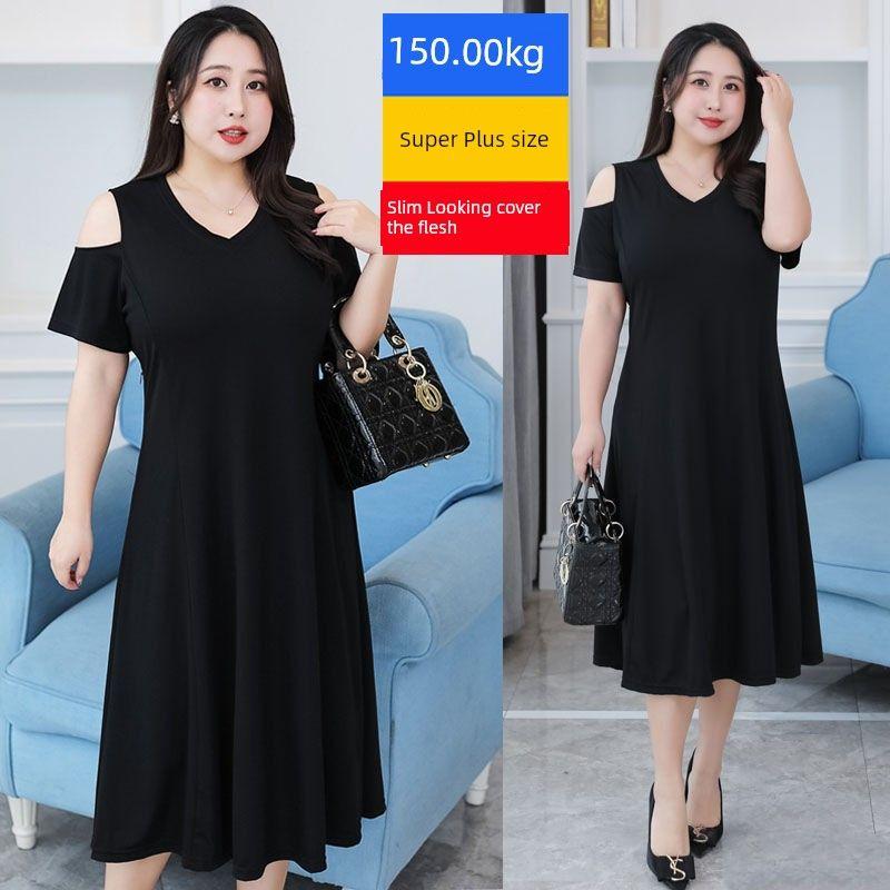 

Девушка 150.00 кг Платье Большого Размера Женское Летнее Свободное Стройнящее 200 Платье с Прикрытием Живота с Открытыми Плечами V-образный вырез Средней Длины Длинное Длина в Пол Юбка А-силуэта Black 4XL