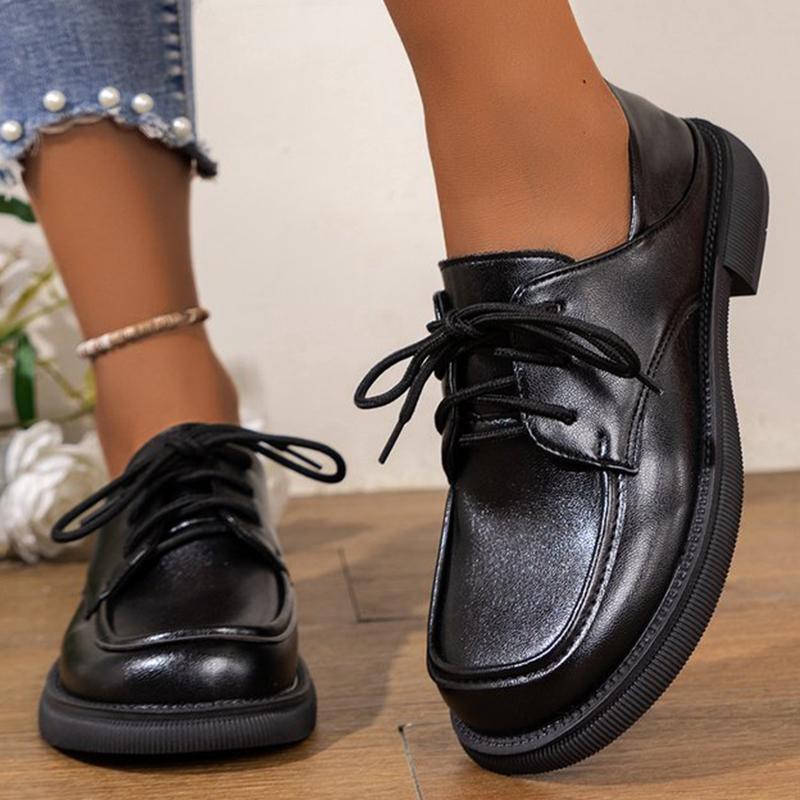 Fashion Faux Pu Leather Loafers Shoes Women 2025 Non Slip Black Lace Up Loafers Round Toe Platform Casual Shoes Female