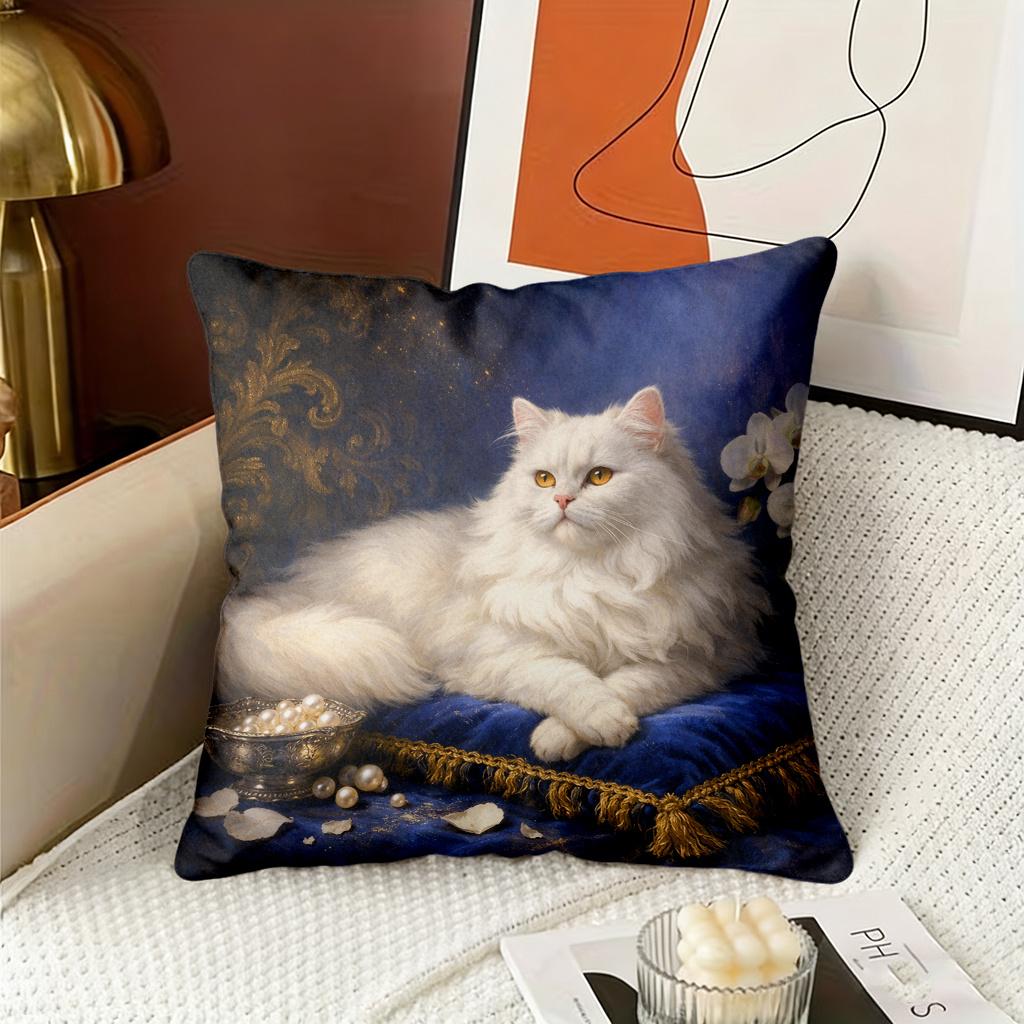 White Cat And Blue Pearls Double-Sided Decorative Pillowcase, Modern Animal Pattern Cushion Cover For Home Office Car