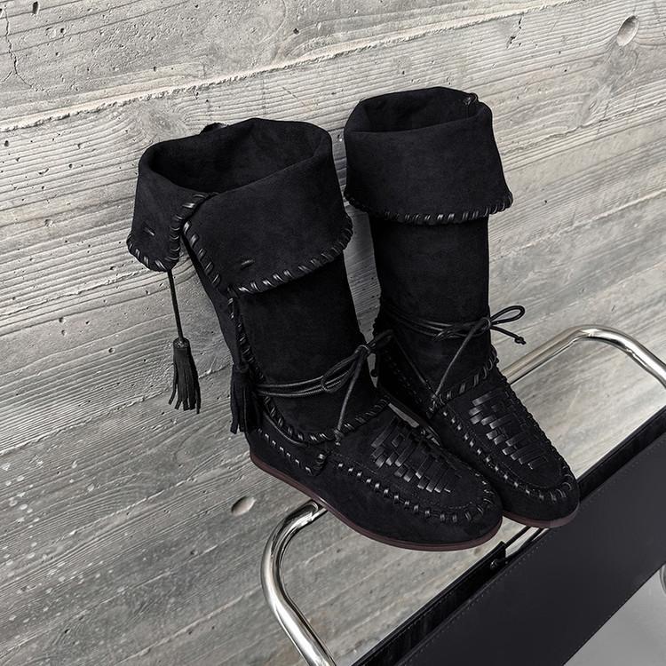 Round Head Suede Boxing Boots Women's 2025 New Inner Height Increase Lace-up Retro Weaving Versatile and Comfortable Two-wear Casual Shoes