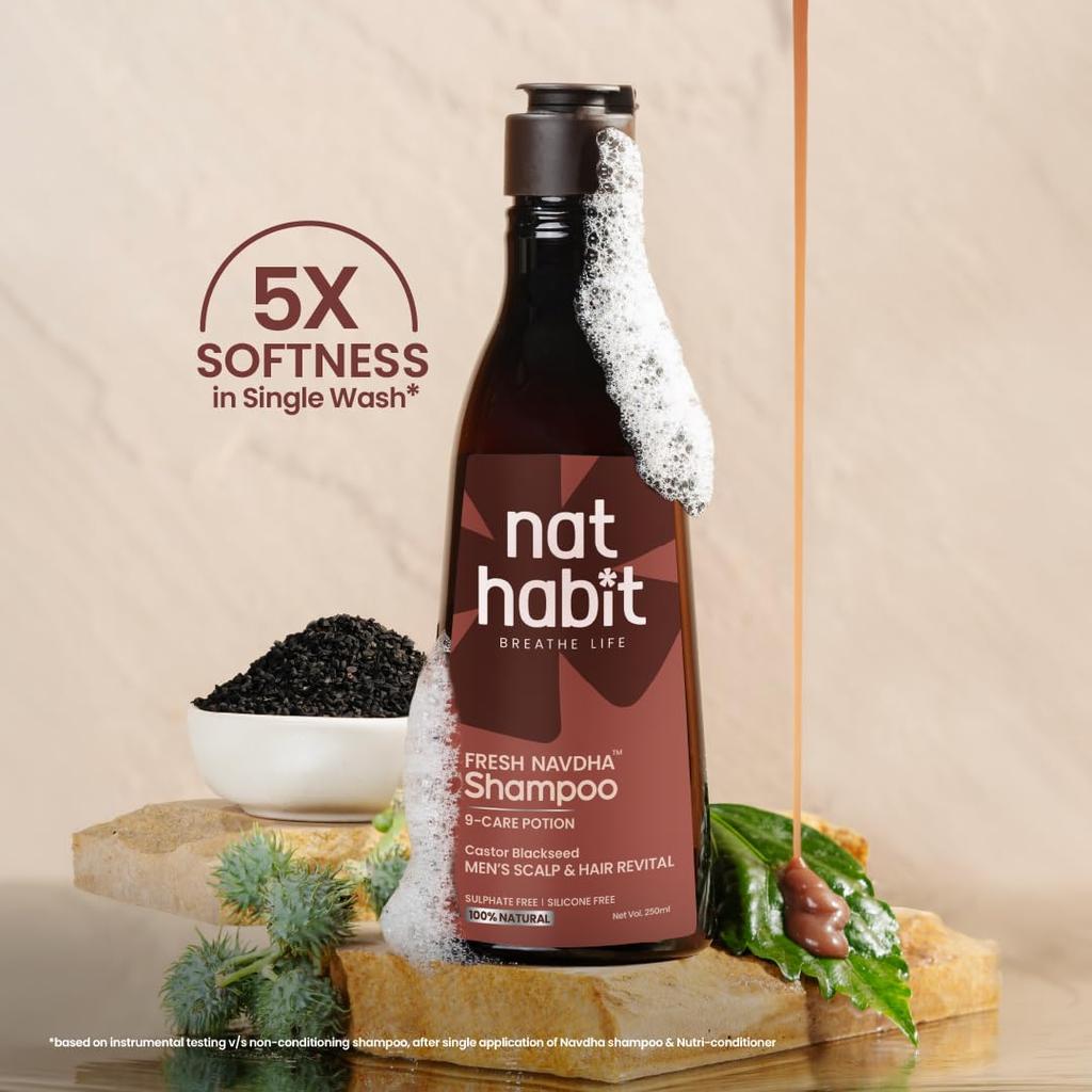 Nat Habit Rizinus Schwarzkümmel Navdha Shampoo Für Männer Natürlicher Haarreiniger Ayurvedische Kräuterformel Für Kopfhautpflege 250ml Packung