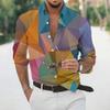 Men Fashion Button‑Up Shirt Abstract Polygon Art Print Long Sleeve Turn‑down Collar Casual Top Wear
