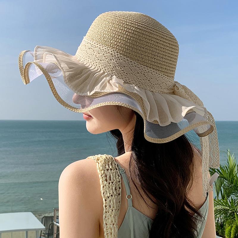 

Sunshade Hat, Sun Grass Hat for Women, Lace Bow бежевий