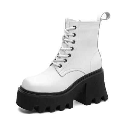Mode Damen Stiefeletten Hoher Absatz Große Größe Quadratische Spitze Echtes Leder Damen Knöchelstiefel Plateau Britischer Stil Pelz Winterstiefel Damen