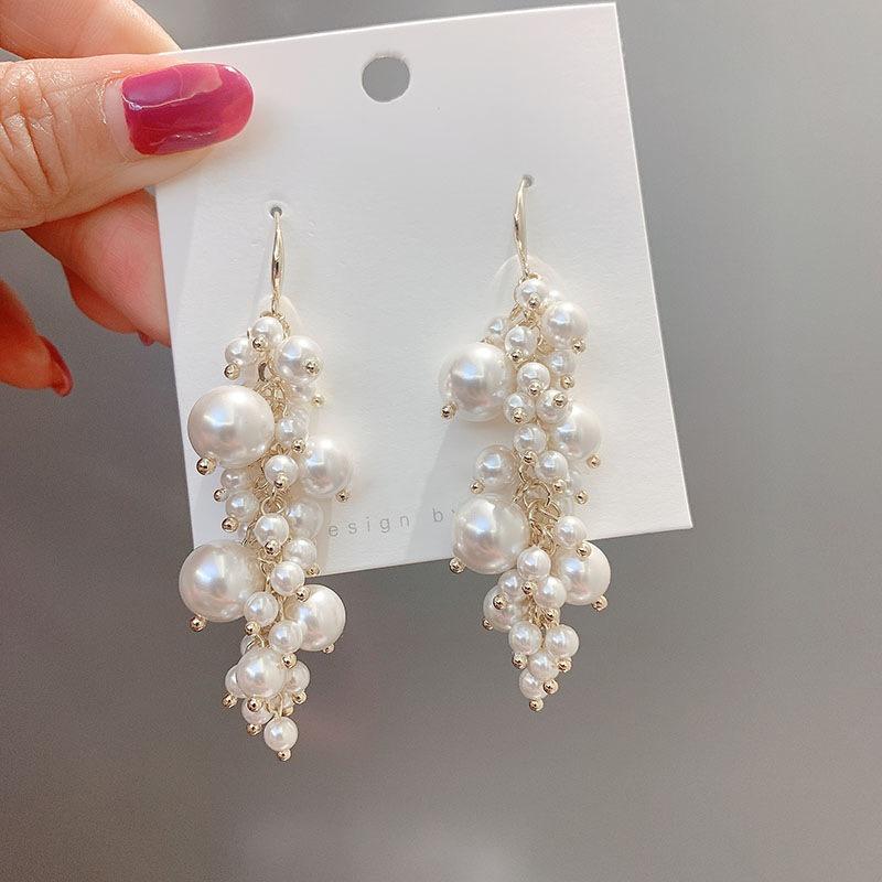 Fashion Design Pearl Cluster Fringed Earrings Hong Kong Style Retro Personality Temperament Ear Hook Internet Celebrity Versatile Earrings Women