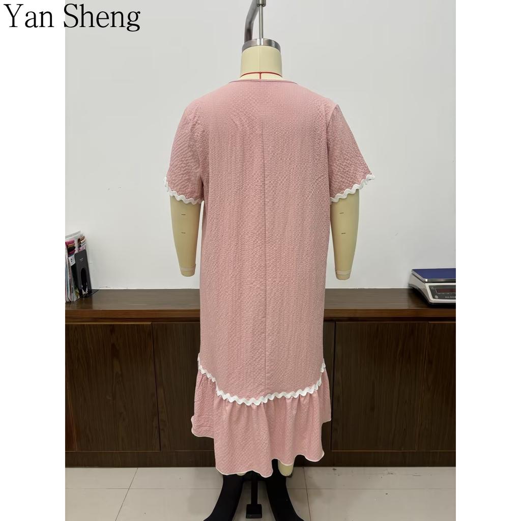 Women Nightgown Seersucker Floral Square Collar Short Sleeve Long Robe Loose Summer Loungewear Sleepwear