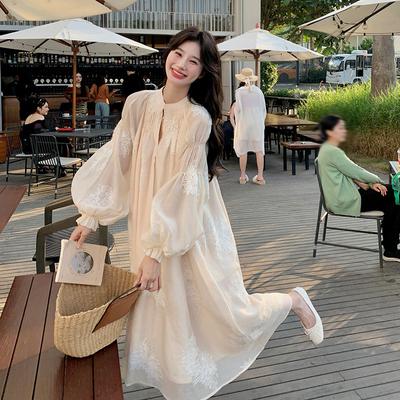 Franse Borduur Lantaarnmouw Jurk voor Dames, Lente Zachte Wind, Taille Verslankend, Mooie Feeënrok