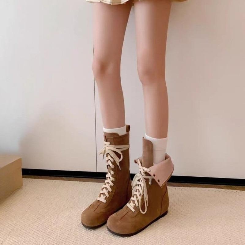 

Fashion Inside Heightening Booties Autumn New Round Toe Lace-up Suede Soft Sole Non-slip Flat Shoes for Women 40 темно-коричневого кольору