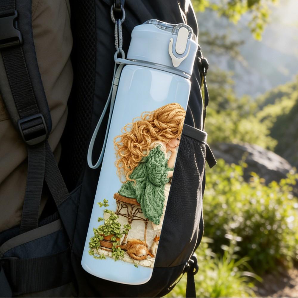 1PC Little Girl Sit Under Tree Scene Print 750ml Color Plastic Sports Water Bottle Leakproof Flip Straw Lid Suitable for Sports Office Home Use