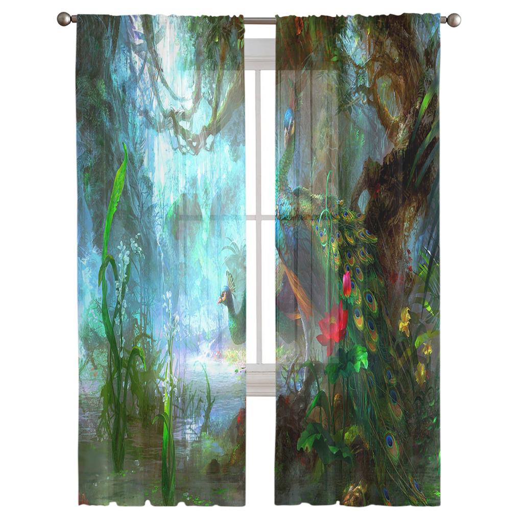 Animal Peacock Forest Stone Tulle Sheer Window Curtains for Living Room Bedroom Modern Tulle Voile Curtains Drapes Decoration