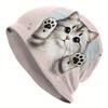 Cat Paw Print Beanie Soft Polyester Knit Hat with Playful Cartoon Cat Design Light Pink with Black Paws Perfect for Casual Wear