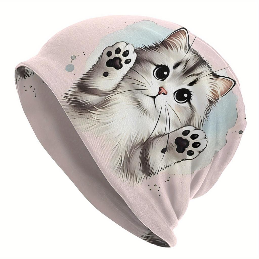 Cat Paw Print Beanie Soft Polyester Knit Hat with Playful Cartoon Cat Design Light Pink with Black Paws Perfect for Casual Wear