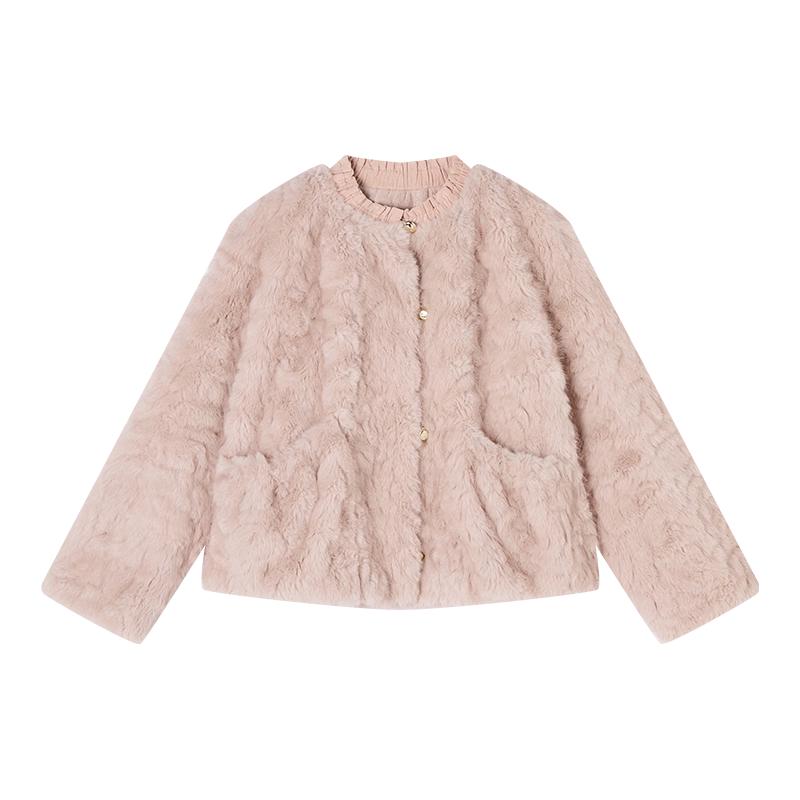 Women s Winter Round Neck Plush Faux Fur Short Jacket S