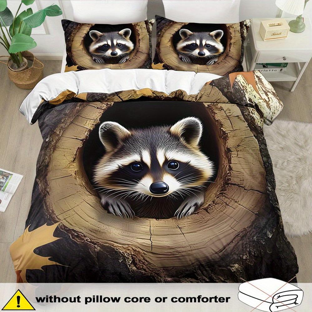 Little Raccoon Themed Down Comforter Cover Set - 2/3pcs, Soft Comfortable Breathable, Fantasy Animal Pattern Printed Bedding Set