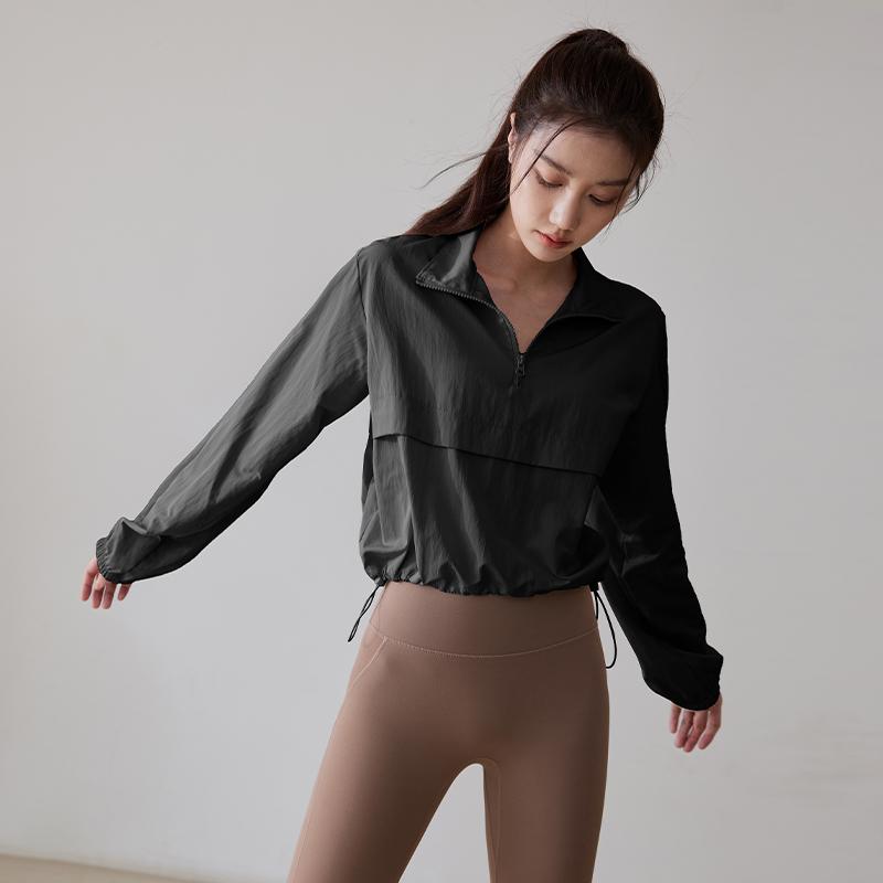 

Женская осенне-зимняя спортивная модная куртка с воротником-стойкой и полумолнией: Свободная, дышащая, облегающая одежда с длинным рукавом для занятий йогой и фитнесом L чёрный