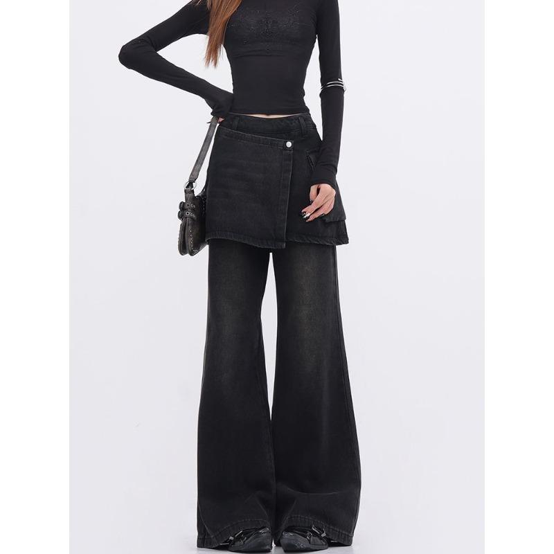 

Асимметричные поддельные двухкомпонентные свободные брюки женские прямые брюки с высокой талией для уборки маленькие повседневные брюки S чёрный