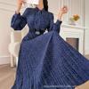 Women's Long Sleeve Pleated Dress Full Polka Dot Print Necktie Ankle-Length Skirt Without Belt Fashion