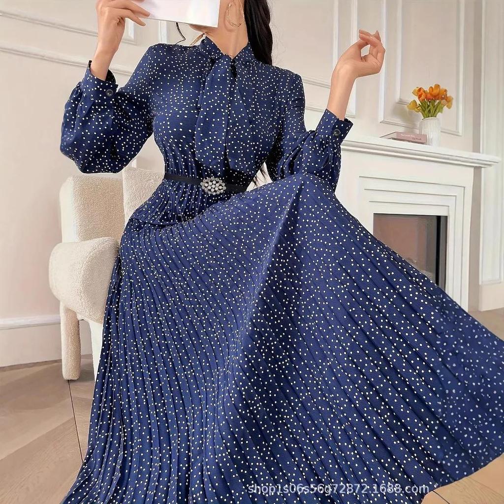 Women's Long Sleeve Pleated Dress Full Polka Dot Print Necktie Ankle-Length Skirt Without Belt Fashion