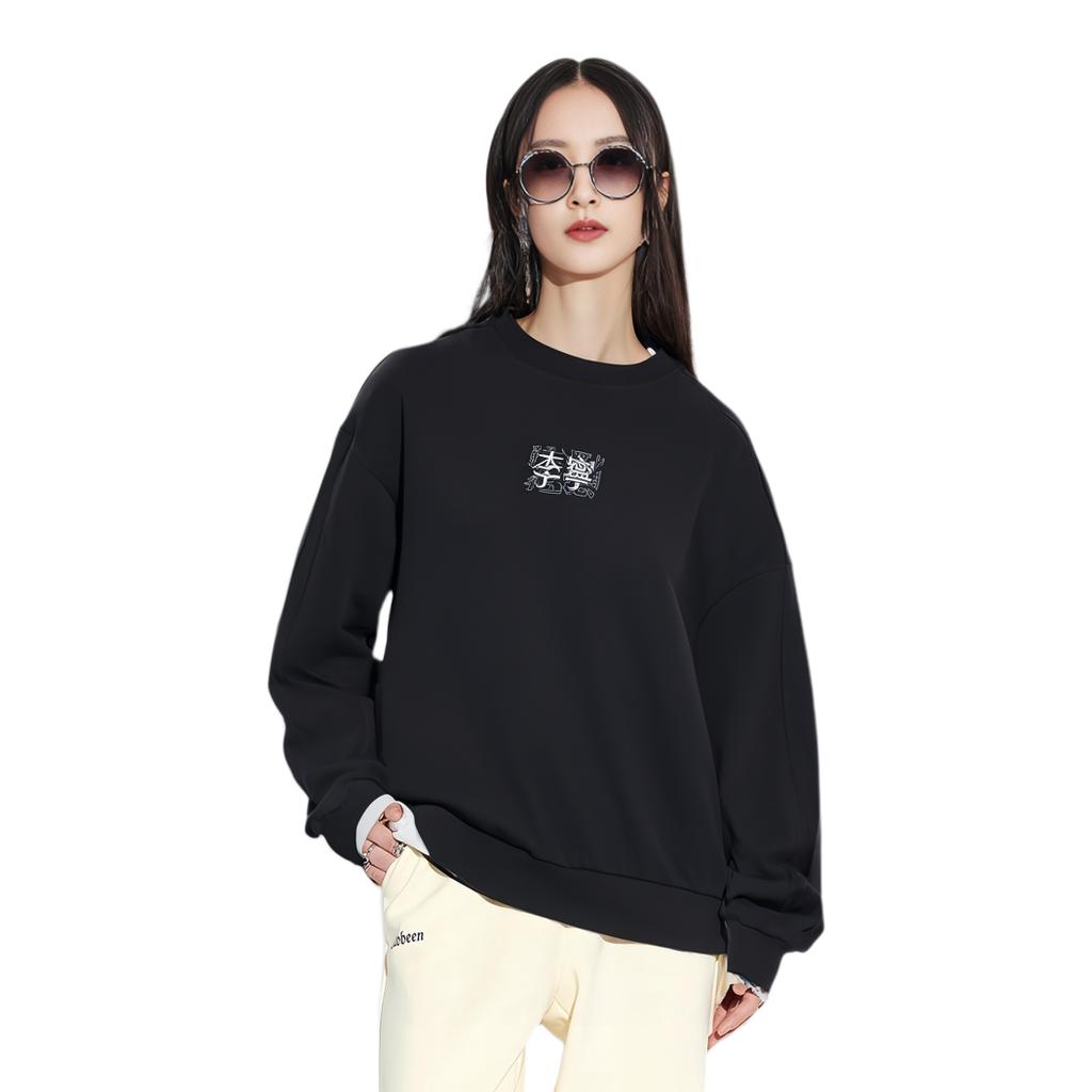 LiNing Sport Fashion Series Logo Print Crew Neck Long Sleeve Sweatshirt Unisex Tops Black AWDT557-5