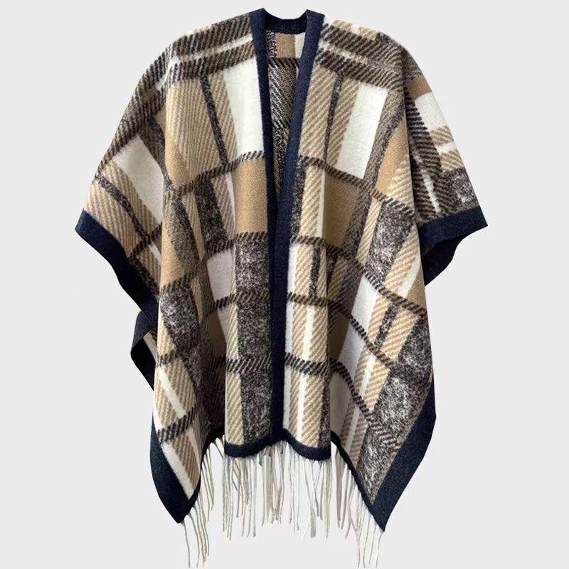 Elegant Ethnic Ink Painting Cape Shawl with Tassels - Versatile Travel Scarf Cloak