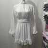 European & American Chiffon Long Sleeve Ruffle Backless Dress with Semi-High Neck & Large Swing Hem