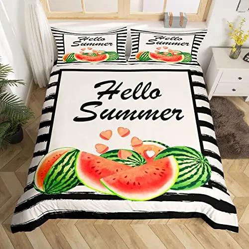 Hello Summer Duvet Cover Set Watercolor Watermelon Fruits Bedding Set Summer Holiday Theme Blue Rustic Cabin Comforter Cover
