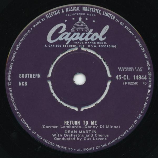 

7inch Record DEAN MARTIN - Return To Me 45CL14844 Capitol Records 1958 UK Pop Used