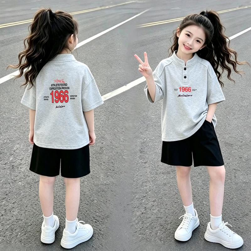 Girls' Cotton Polo T-Shirt Set: Short-Sleeve, Stand-Up Collar, Summer Fashion for Medium & Large Children