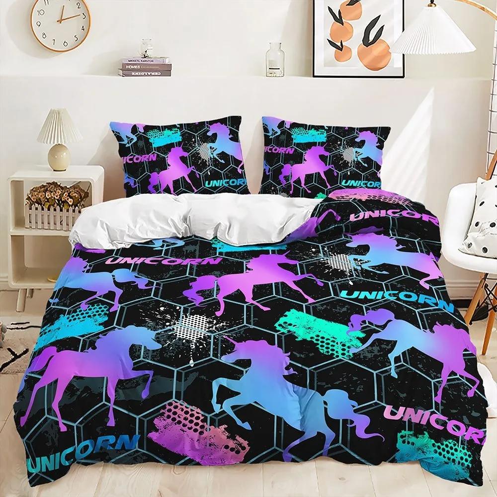 Bedding Sets for Girls,Stars,Moons,Unicorns,Fantasy Cartoon Duvet Cover Set,Twin Size Quilt Cover with Pillowcases,Bed Clothes