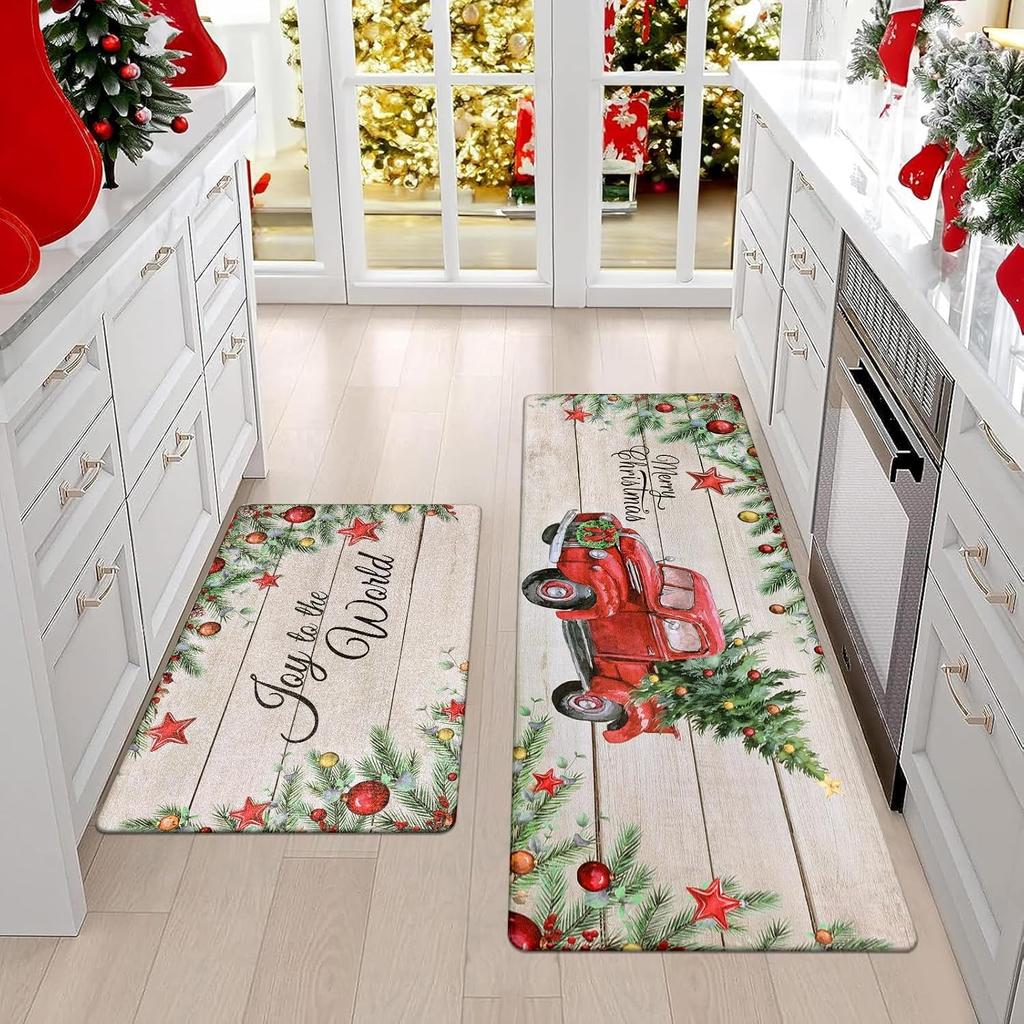 2pcs Santa Claus Kitchen Floor Mats Entrance Welcome Door Mats Corridor Laundry Room Carpets Winter Festival Decorations