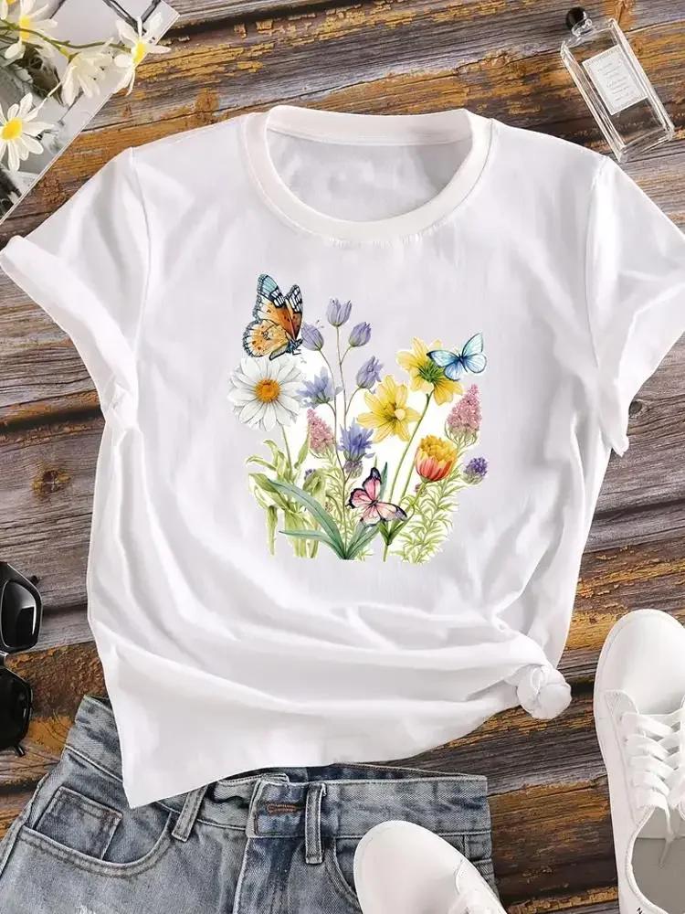 Flower Feather Print T Shirt Cotton Casual Short Sleeve Round Neck T Shirt Fashion Retro Spring Women's White Fashion T Shirt