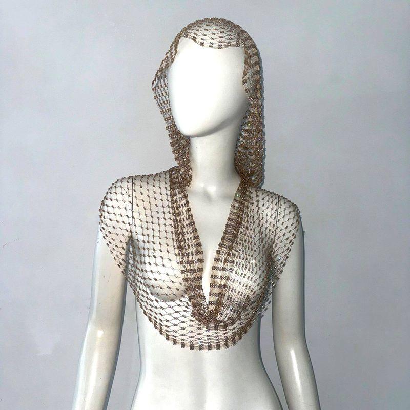 Cross-Border New European and American Women's Clothing: Mesh Rhinestone Fishnet Top, Sweet and Spicy Style, Sparkling Rhinestone Hooded Vest