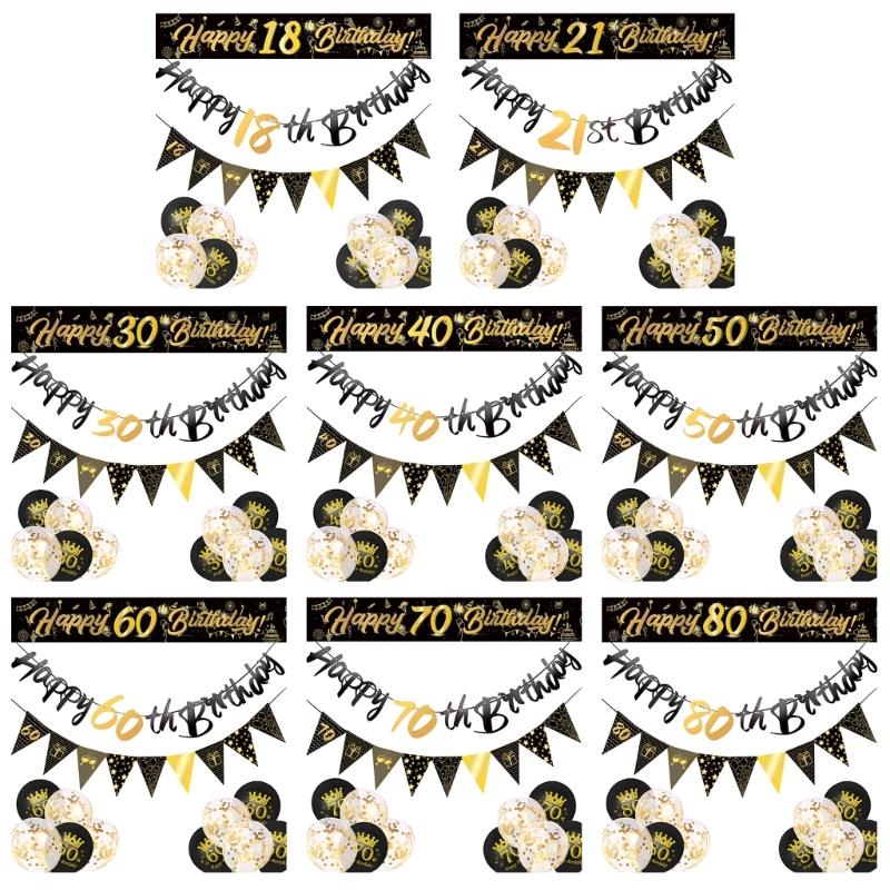 Birthday Balloons Set Black Gold Latex and Confettied Balloons Flags Banners for Men Party Decorations