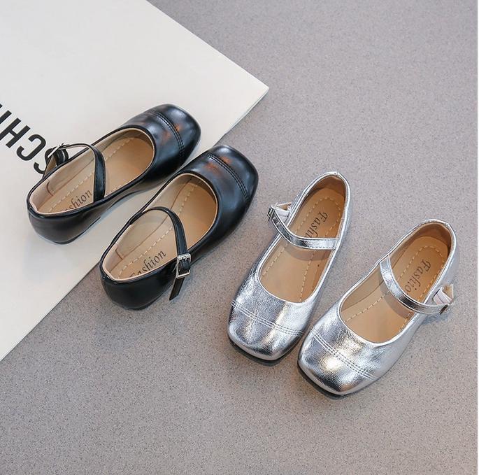 Girls Flat Shoes Soft Color Silver Black Narrow Kids Mary Janes Square End Comfortable Kids School Party Wedding Shoes 26-37 New