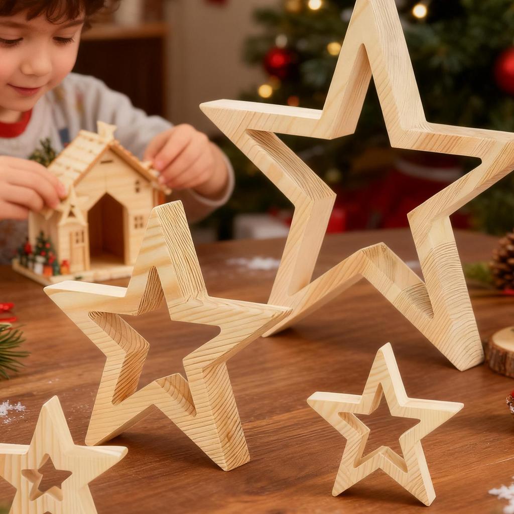 3 Pieces Wooden Star Christmas Decor Handicrafts Wooden Star Decoration Wooden Star Tabletop Centerpiece Sign For Desk Table