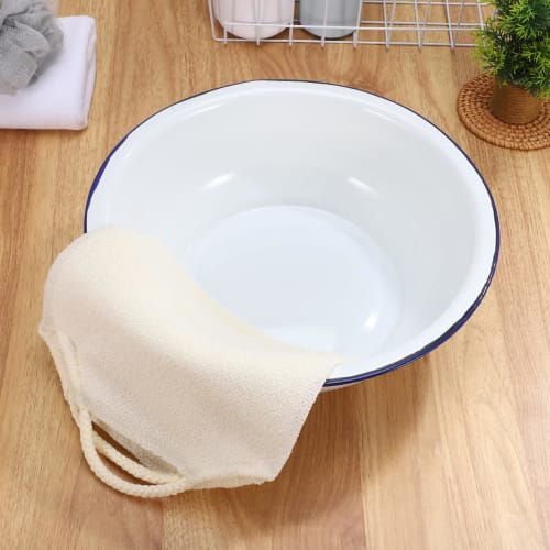 Healeved Vintage Enamel Wash Basin, Footbath, Multi-Purpose Enamel Wash Basin for Washing Face, Foot Bath, and Laundry, Blue Rim, White, 30 X 9 Cm