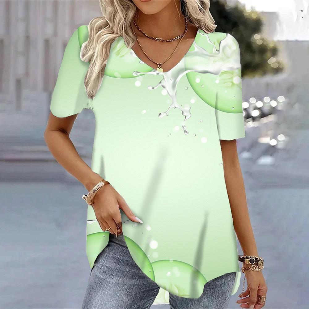 Elegant Yellow Flower Printed  V-neck Short Sleeve Tops Casual Loose Tees Streetwear Quick Drying T-shirts Female Blouse S-3XL